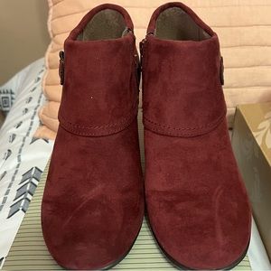 Burgundy Red Aerosole Bootie with bronze embellishment.